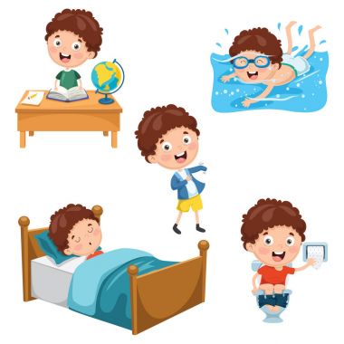 Vektör çizim çocuklar günlük rutin faaliyetleri