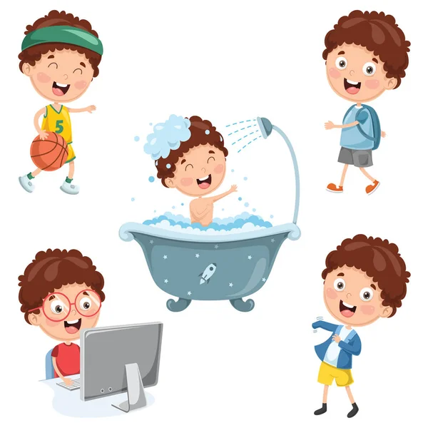 Vector Illustration Kids Daily Routine Activities — Stock Vector