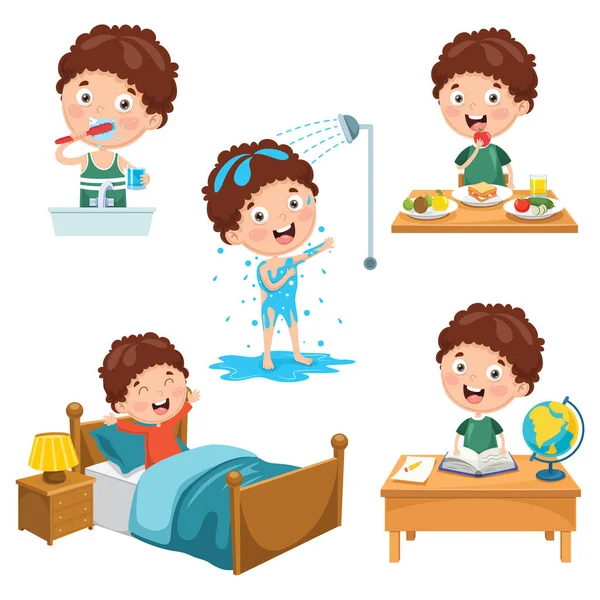 Vector Illustration Kids Daily Routine Activities — Stock Vector