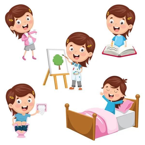 Vector Illustration Kids Daily Routine Activities — Stock Vector