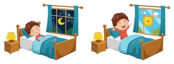 Vector Illustration Of Kid Sleeping And Waking Up