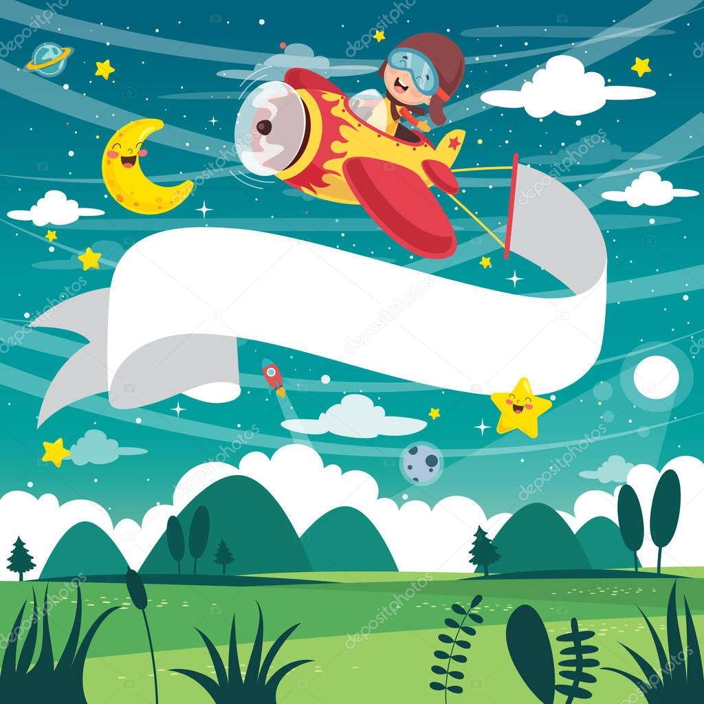 Vector Illustration Of Kid Flying Plane With Banner