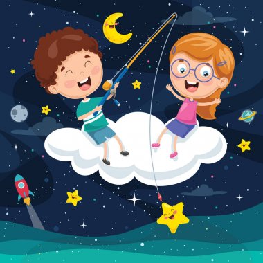 Bulut üzerinde oturan çocuklar vektör çizim