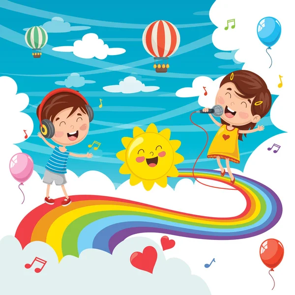 Ilustración Vectorial Niños Saltando Sobre Arco Iris — Vector de stock