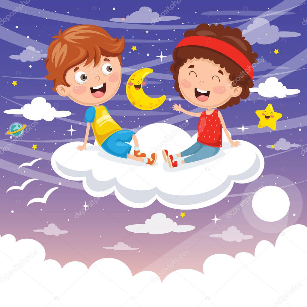 Vector Illustration Of Kids Sitting On Cloud