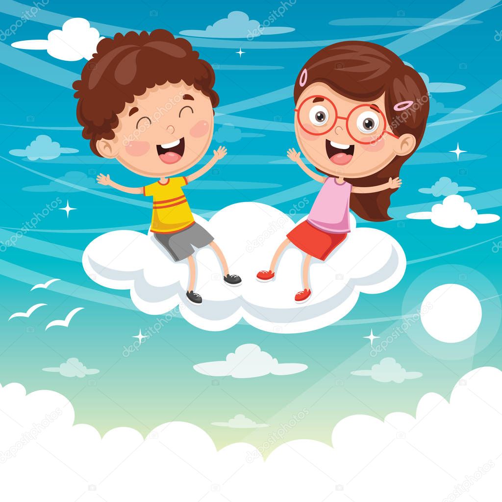 Vector Illustration Of Kids Sitting On Cloud