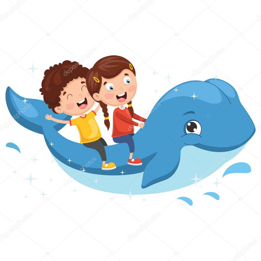Vector Illustration Of Kids Riding Whale