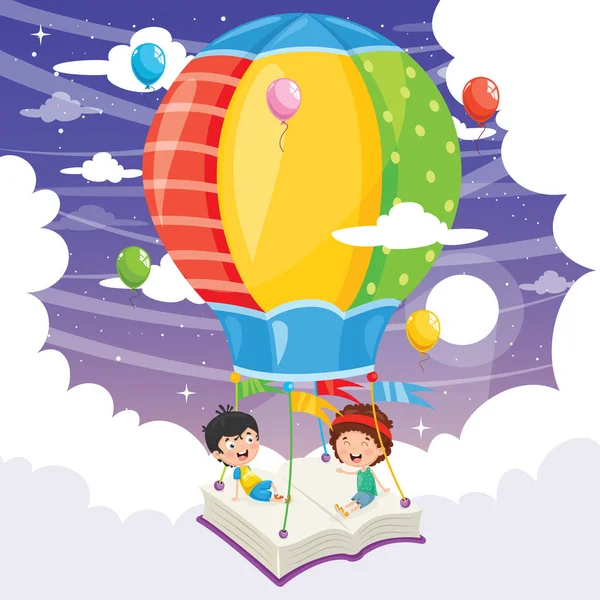 Ilustración Vectorial Niños Que Vuelan Globo Aire Caliente — Vector de stock