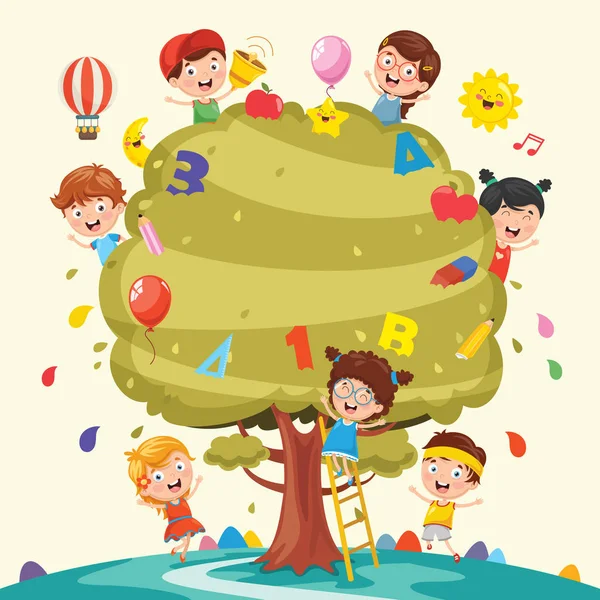 Vector Illustration Kids Studying Tree - Stok Vektor