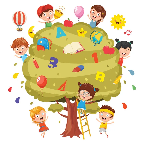 Ilustração Vetorial Crianças Estudando Árvore — Vetor de Stock