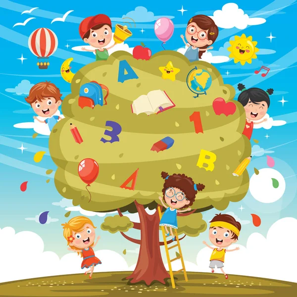 Ağaçta Okuyan Çocuklar Vektör Çizim — Stok Vektör