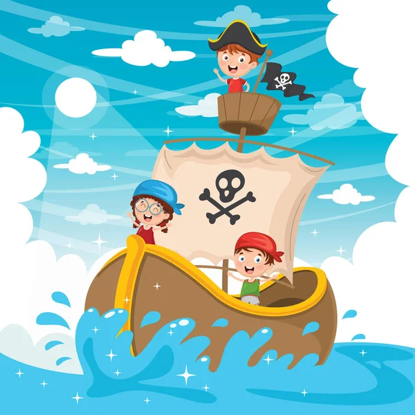 Ilustración Vectorial Dibujos Animados Niños Barco Pirata — Vector de stock