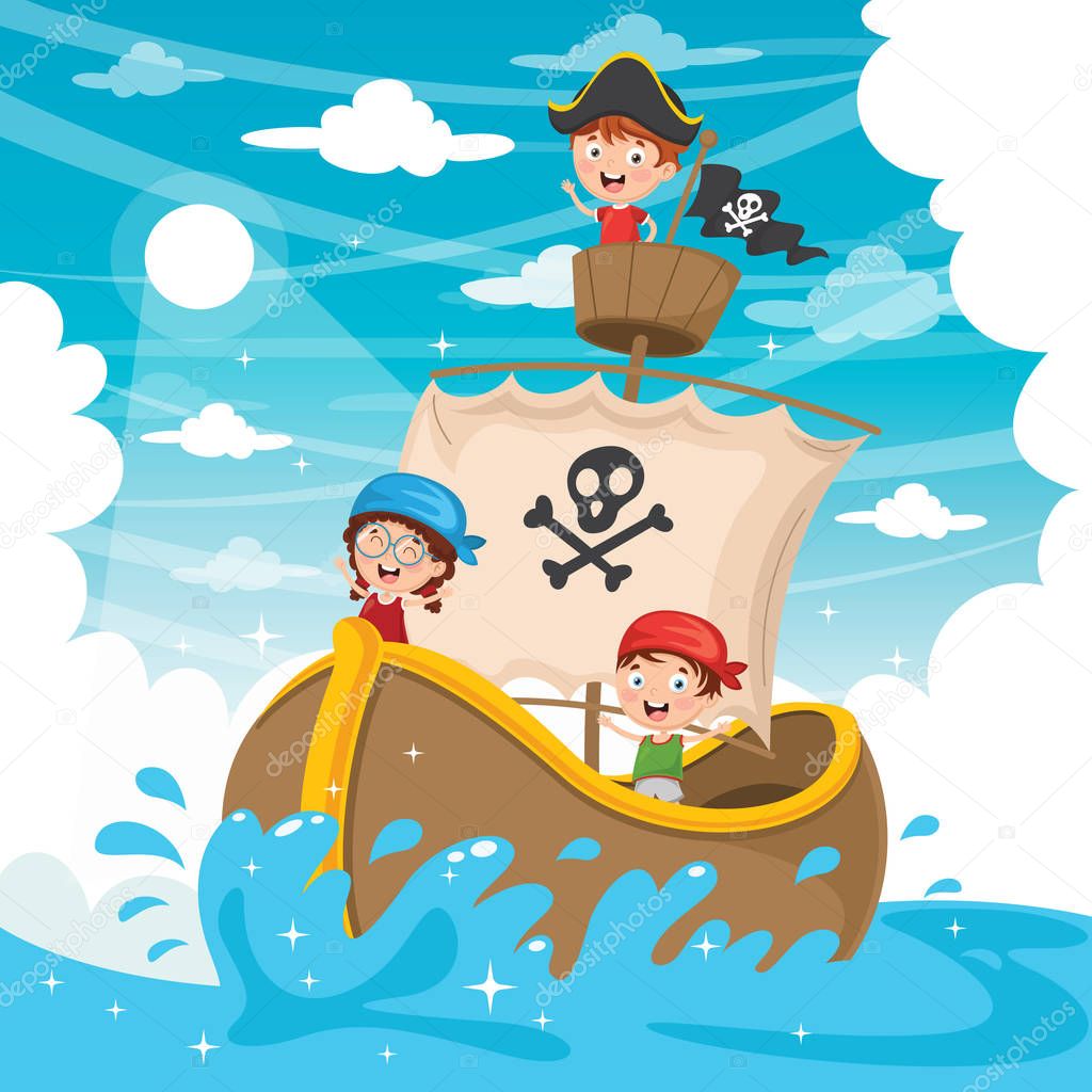  Vector Illustration Of Cartoon Kids Pirate Ship