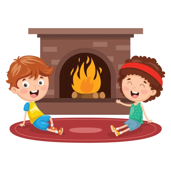 Vector Illustration Kids Sitting Front Fireplace — Stock Vector