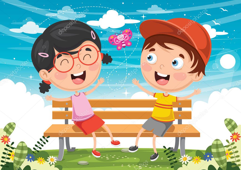 Vector Illustration Of Kids Sitting On Park Bench