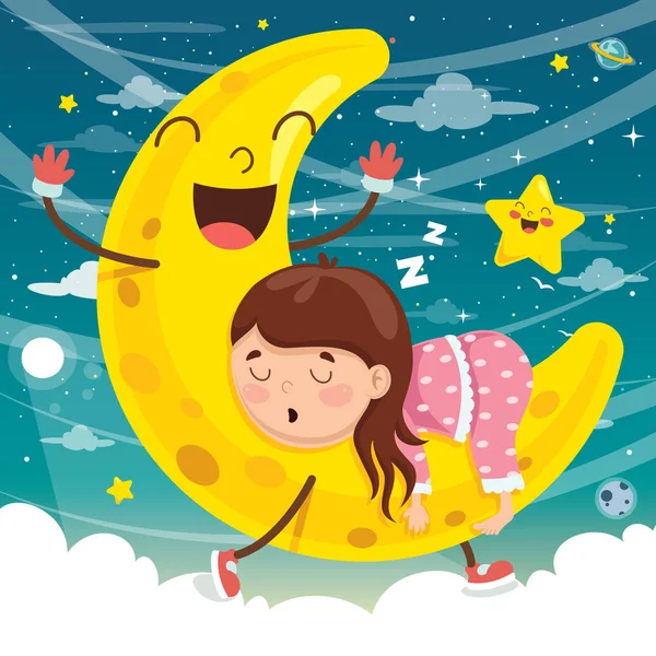 Εικονογράφηση Διάνυσμα Από Παιδί Στον Ύπνο Στη Σελήνη — Διανυσματικό Αρχείο