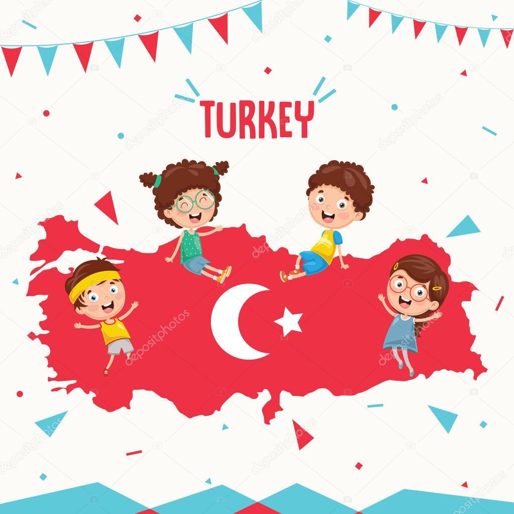 Vector Illustration Of Turkey Flag And Kids