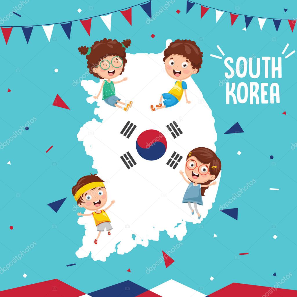 Vector Illustration Of South Korea Flag And Kids