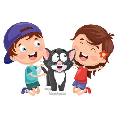 Vektör çizim karikatür çocuklar ile kedi