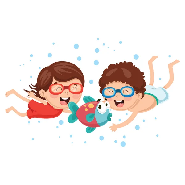 Ilustración Vectorial Niños Dibujos Animados Con Peces — Vector de stock