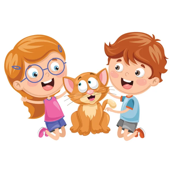 Vectorillustratie Van Cartoon Kinderen Met Kat — Stockvector