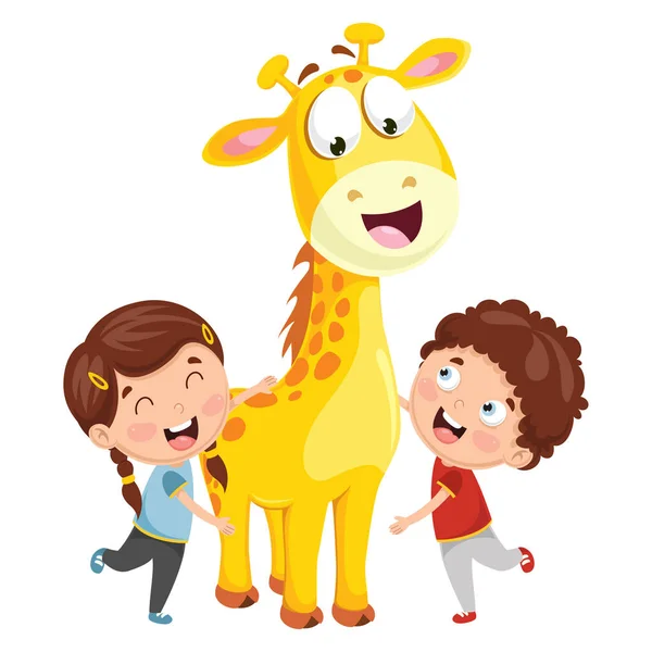 Ilustración Vectorial Niños Dibujos Animados Con Jirafa — Vector de stock