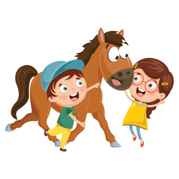 Illustrazione Vettoriale Dei Bambini Del Fumetto Con Cavallo — Vettoriale Stock