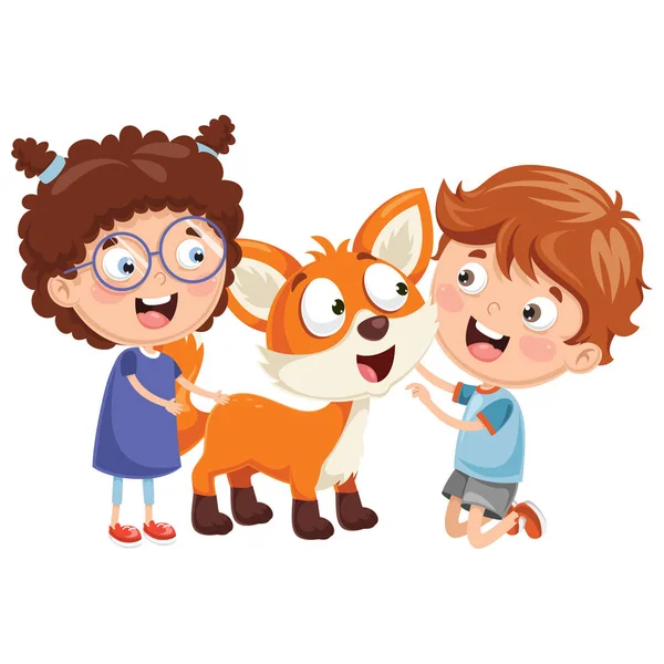 Ilustración Vectorial Niños Dibujos Animados Con Fox — Vector de stock