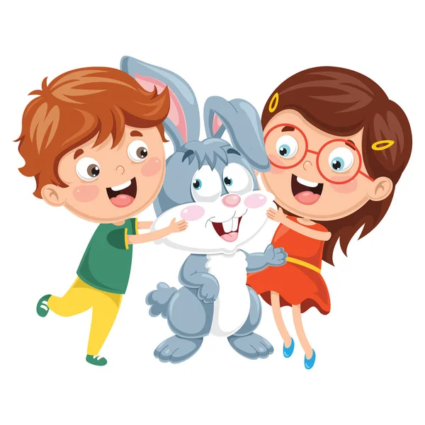 Ilustración Vectorial Niños Dibujos Animados Con Conejo — Vector de stock