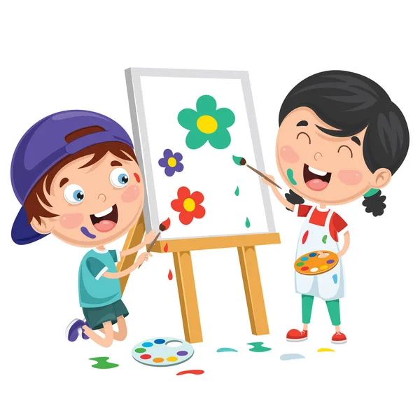 Vector Illustrations Kids Painting Canvas — Stock Vector