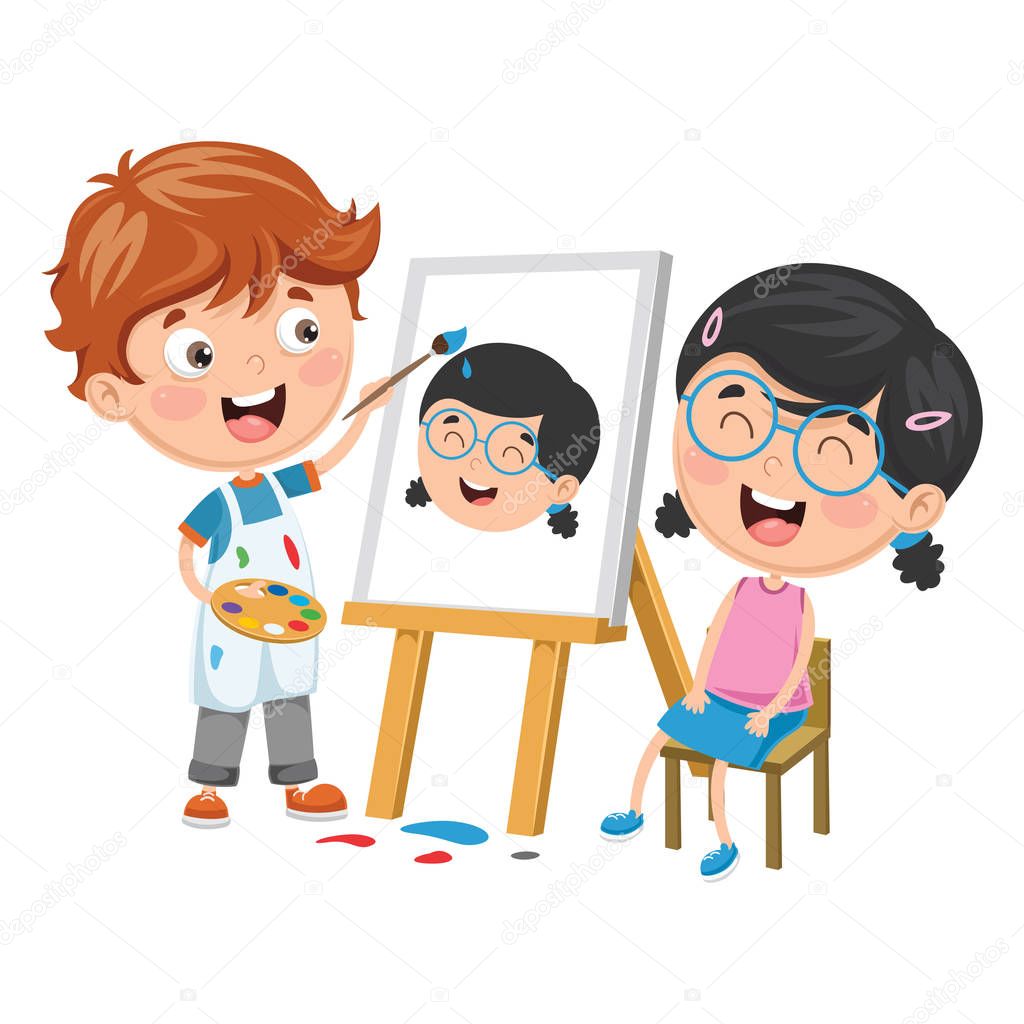Vector Illustration Of Kid Painting His Friend On Canvas