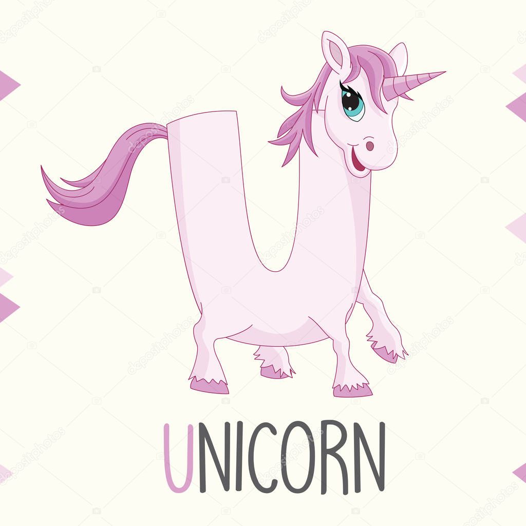 Illustrated Alphabet Letter U And Unicorn