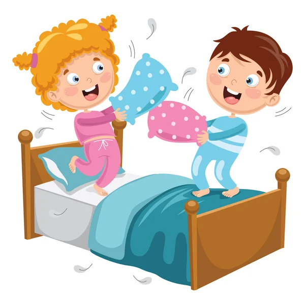 儿童玩枕头打架的矢量插图 — 图库矢量图片