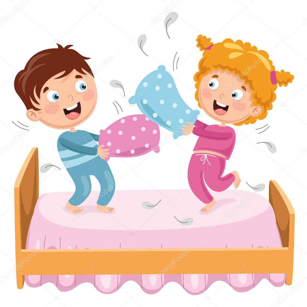Vector Illustration Of Kids Playing Pillow Fight