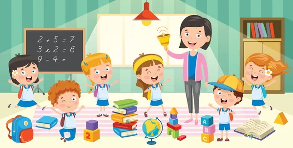 Pequeños Estudiantes Con Maestro — Vector de stock