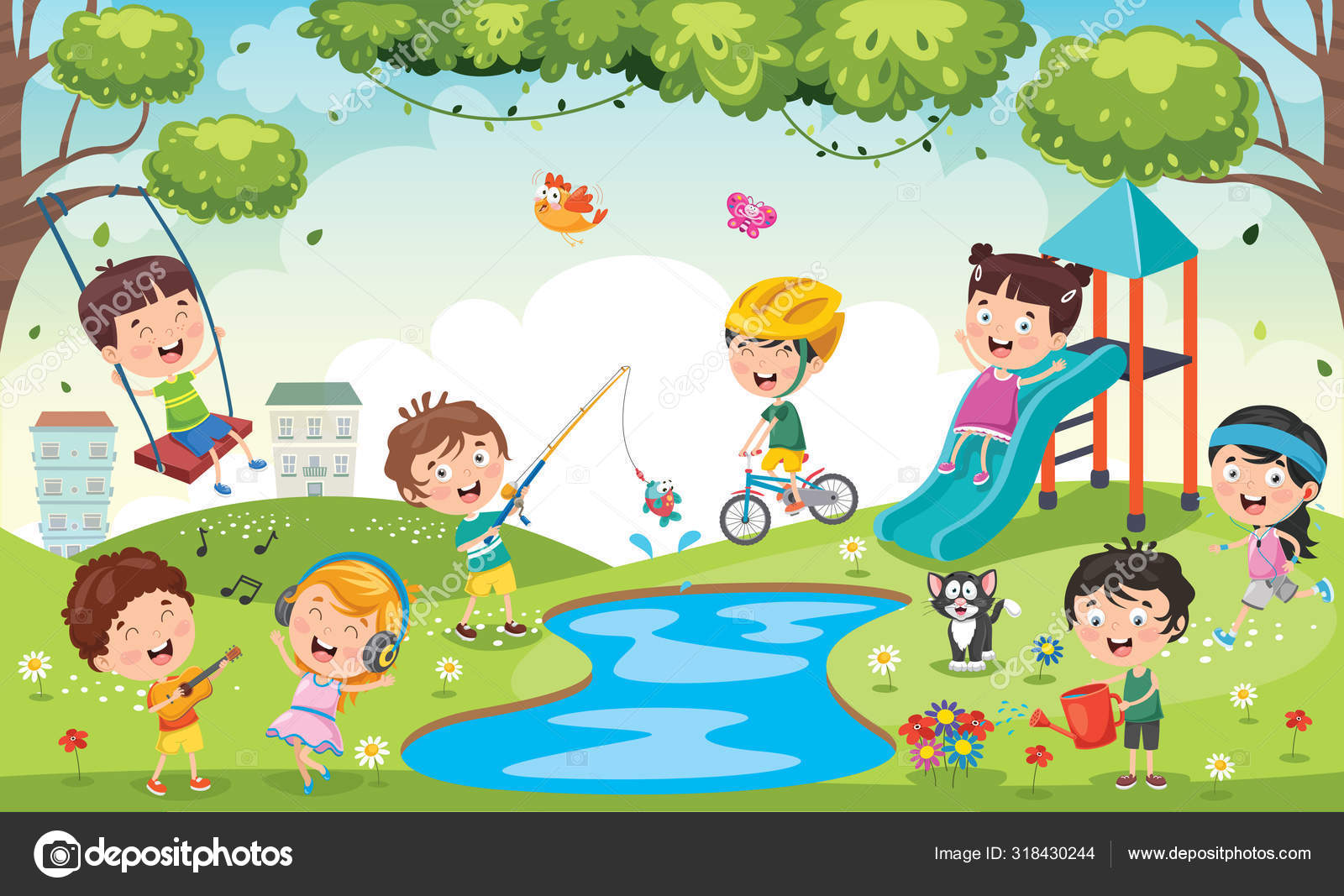 Мультяшки в парке. Дети в парке. He is playing in the park. Прогулка в детском саду мультяшное. Дети на площадке иллюстрация.
