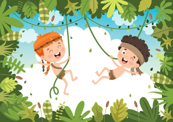 Niños Felices Balanceándose Con Cuerda Raíz Selva — Vector de stock