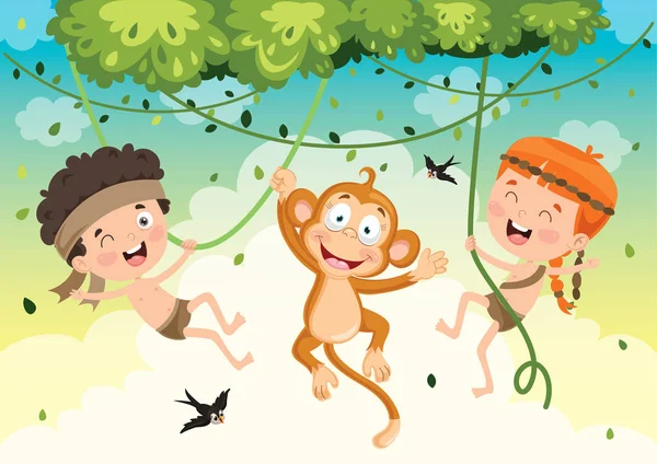 Crianças Felizes Balançando Com Macaco Selva — Vetor de Stock