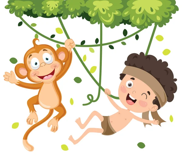 Šťastné Dítě Houpání Opicí Džungli — Stockový vektor