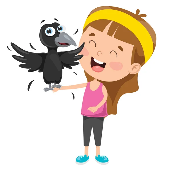 Petite Fille Jouant Avec Corbeau — Image vectorielle