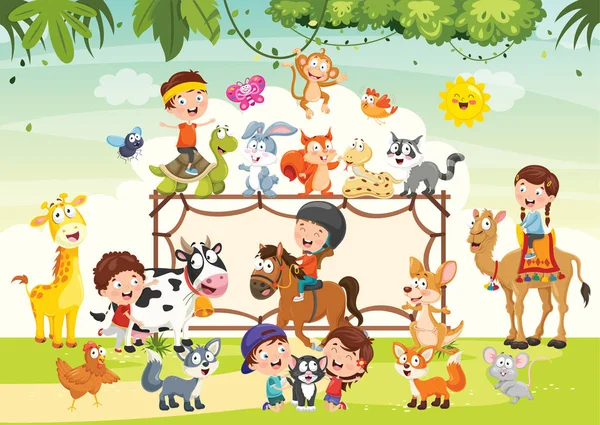 Niños Jugando Con Animales Divertidos — Vector de stock