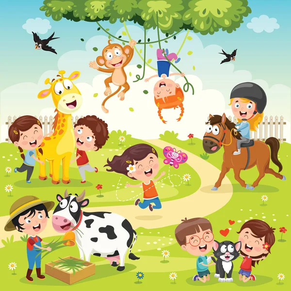 Děti Hrají Zábavnými Zvířaty — Stockový vektor