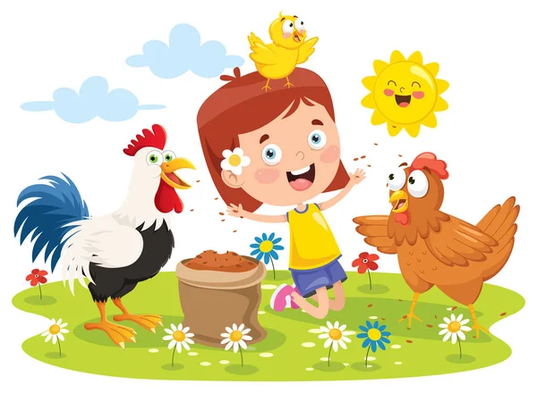 Little Girl Feeding Rooster Chicken Chick — Stock Vector