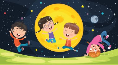 Kids Playing Outside At Moony Night clipart