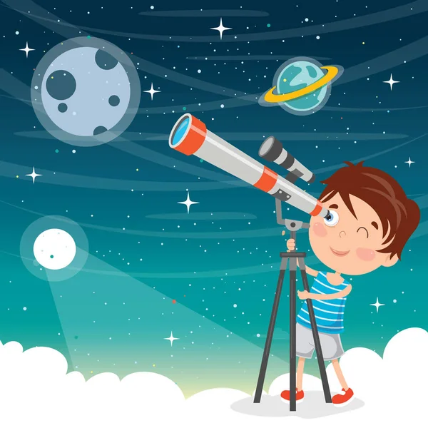 Kid Usando Telescópio Para Pesquisa Astronômica —  Vetores de Stock