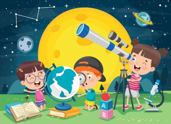 Niño Usando Telescopio Para Investigación Astronómica — Vector de stock