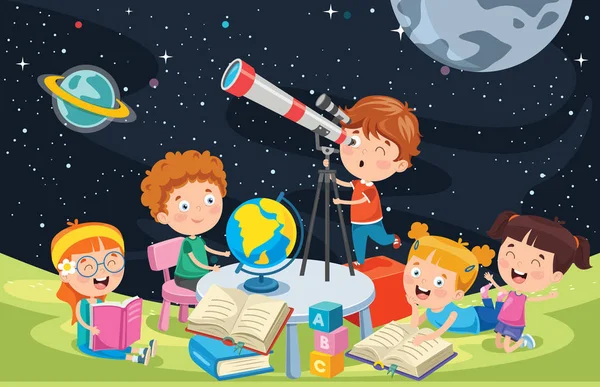 Kid Using Telescope Astronomical Research — 图库矢量图片