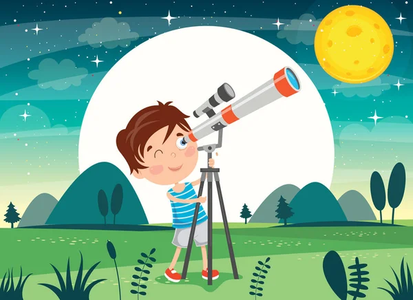 Kid Usando Telescópio Para Pesquisa Astronômica —  Vetores de Stock