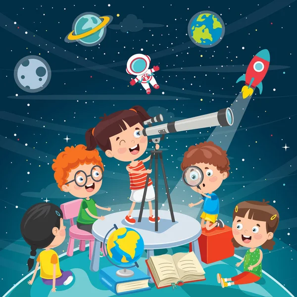Enfant Utilisant Télescope Pour Recherche Astronomique — Image vectorielle
