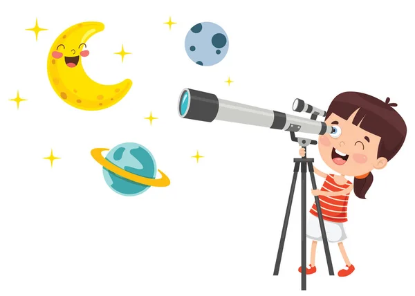Kind Nutzt Teleskop Für Astronomische Forschung — Stockvektor